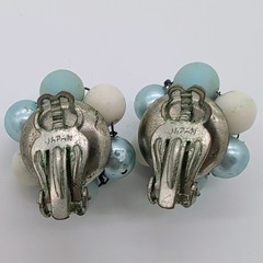 Vintage Signed Japan Blue White Beaded Cluster Clip-On Earrings Silver Tone