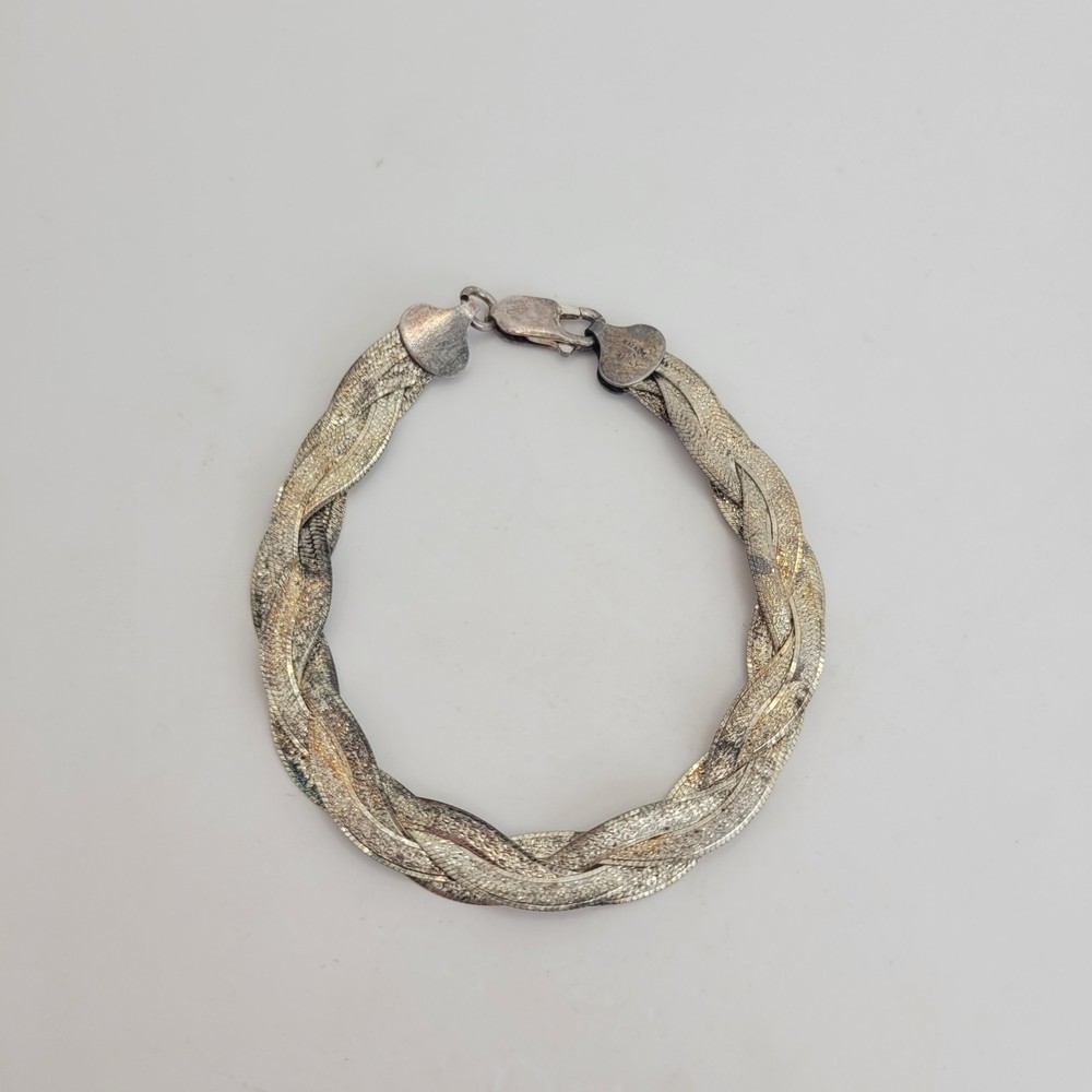 Vintage KC Braided Sterling Silver Italy Herringbone Textured Chain 7″ Bracelet