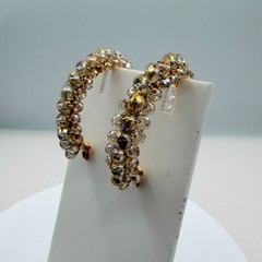 Vintage Gold Tone Beaded Jewelry Set – Wire Wrapped Bangle & Hoop Earrings