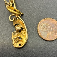 Vintage 12k GF Pocket Watch Chain FOB Necklace, Dog Clip, Blue Aquamarine Glass