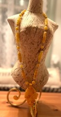 Yellow Mexican Onyx Necklace With Tribal Facial Pendant 30″ Total Length Vintage