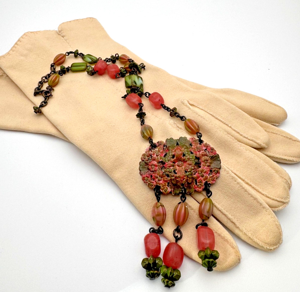 Vintage Victorian Pink and Green Necklace. Watermelon beads