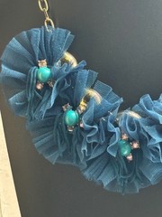 SUGARFIX BLUE Tutu Lace Flowers & Rhinestone Ballerina Necklace Gold Tone