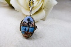 Deco Silver Gilt 800 Egyptian Revival Enamel Moses Basket Locket Pendant 1920s