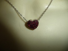 CHOKER SILVER TONE HEART w RED RHINESTONES SILVER TONE CHAIN NECKLACE #23/5A