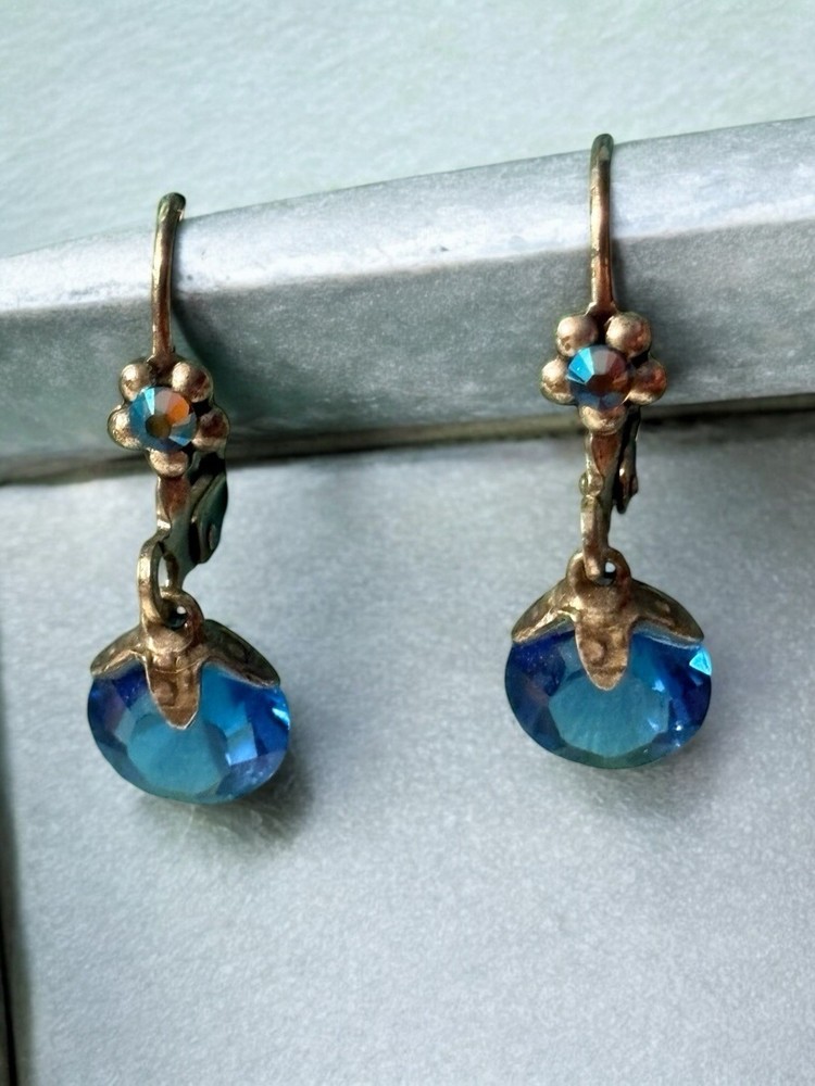 Blue Stimulated Sapphire Sterling Silver Earrings Faceted Crystal Unmarked VTG