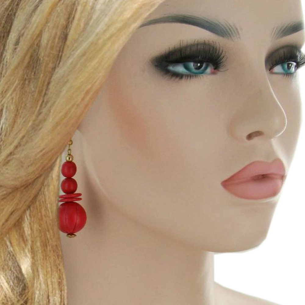 Long Red Genuine Wood Round Beaded Dangle Earrings Pierced 3″ Vintage