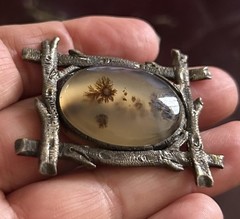 Antique Victorian Framed Etched Rustic Shazar Moss Agate Date 1908 Brooch Silver