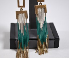 Vtg Pierced Hook Earrings w/ Box Chain Dangles Gold Silver Turquoise Color 4″