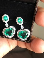 Heart Oval Simulated Emerald Simulated Diamond Halo Dangle Earrings 925 Silver