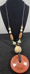 Vintage Y2K Chunky Statement Necklace | Red Cinnabar Style Bi Disc Pendant