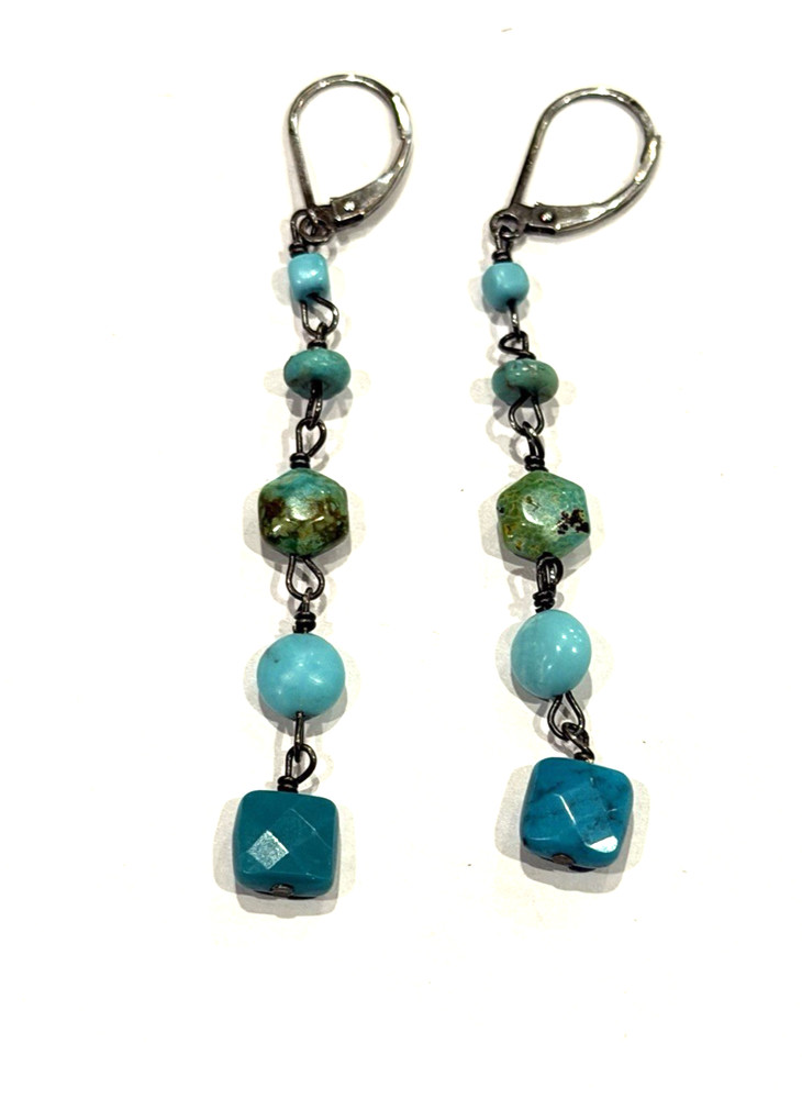SW SILVER FAUX TURQUOISE BLUE GREEN STONES 2.75″ FRENCH WIRE DANGLE EARRINGS NEW