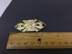 Vintage Signed Jackie Collins Gold Tone Metal Black Enamel & Rhinestone Brooch
