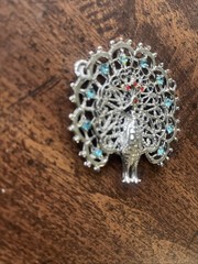 Vintage Peacock Pendant Filigree Rhinestone Statement Silver Tone Large No Chain