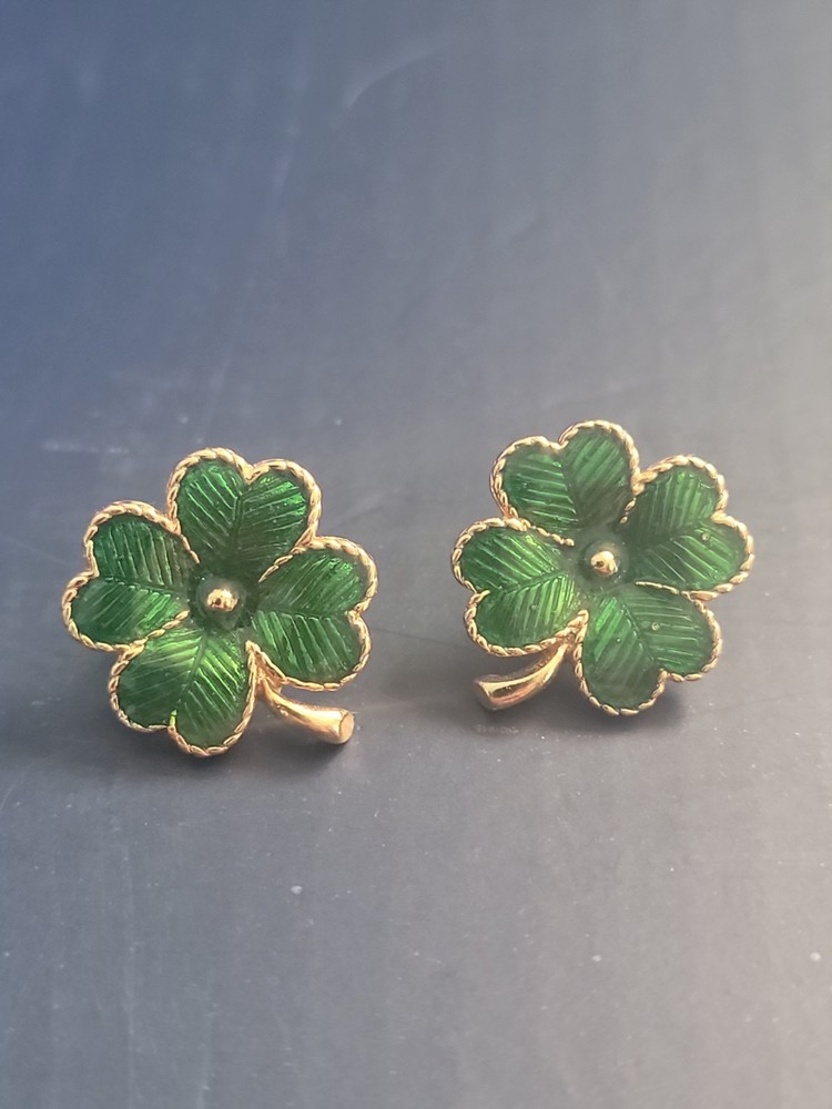 Earrings 4 Leaf Clover Avon Emerald Green & Gold Toned Stud