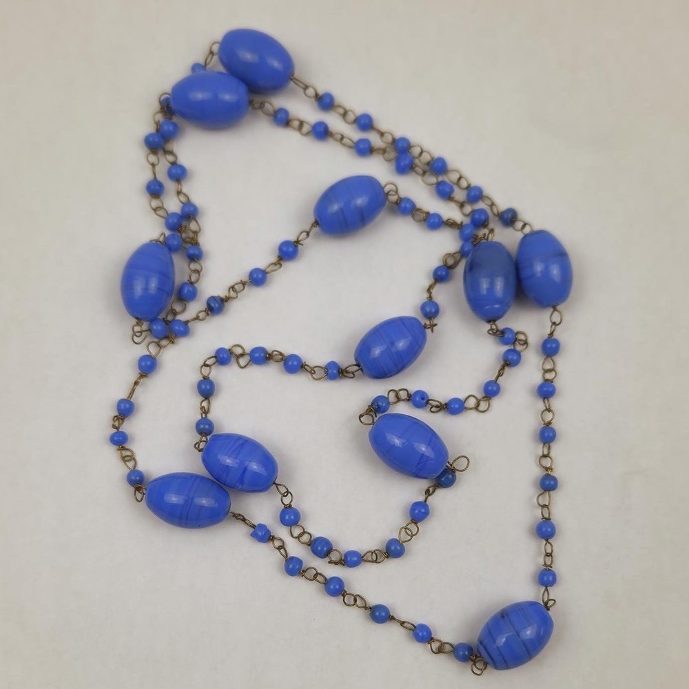 Antique Blue Swirl Glass Flapper Chain Necklace Hand Wired