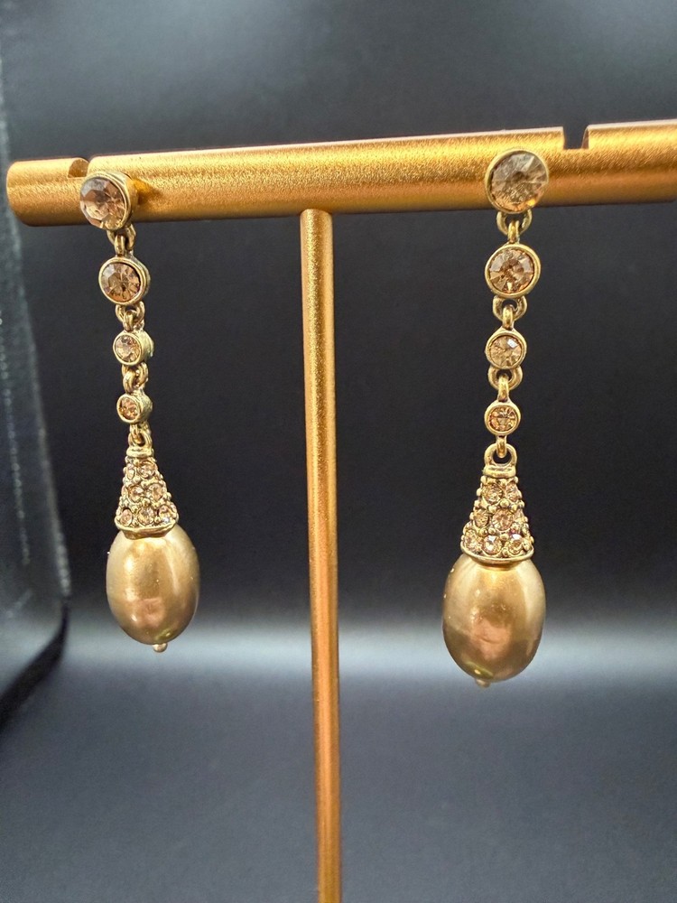 Vtg Champagne Faux Pearl Rhinestone Gold Tone Dangle Drop Pierced Earrings Glam