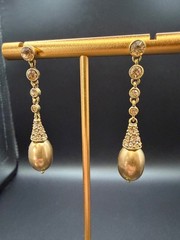 Vtg Champagne Faux Pearl Rhinestone Gold Tone Dangle Drop Pierced Earrings Glam