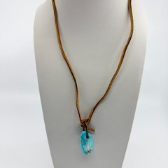 Leather Cord Necklace Faux Turquoise Blue Stone Pendant Casual Minimalist