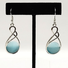 Sky Blue Round Glass Silver Tone Open Metal Drop Dangle Pierced Hook Earrings