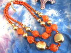 Orange Lucite Beads Necklace Double Strand Gold Orange Acrylic Beads Necklace