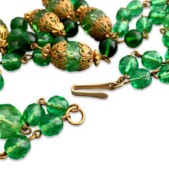 Vintage 1950s Green Jewel-tone Glass Crystal Bead Filigree Multi-strand Necklace