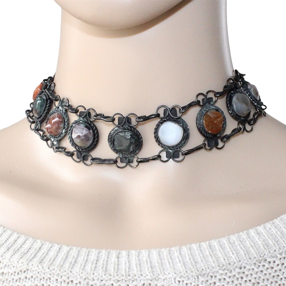 Vintage Gemstone Choker Necklace Black Metal Agate Jasper Chalcedony Carnelian