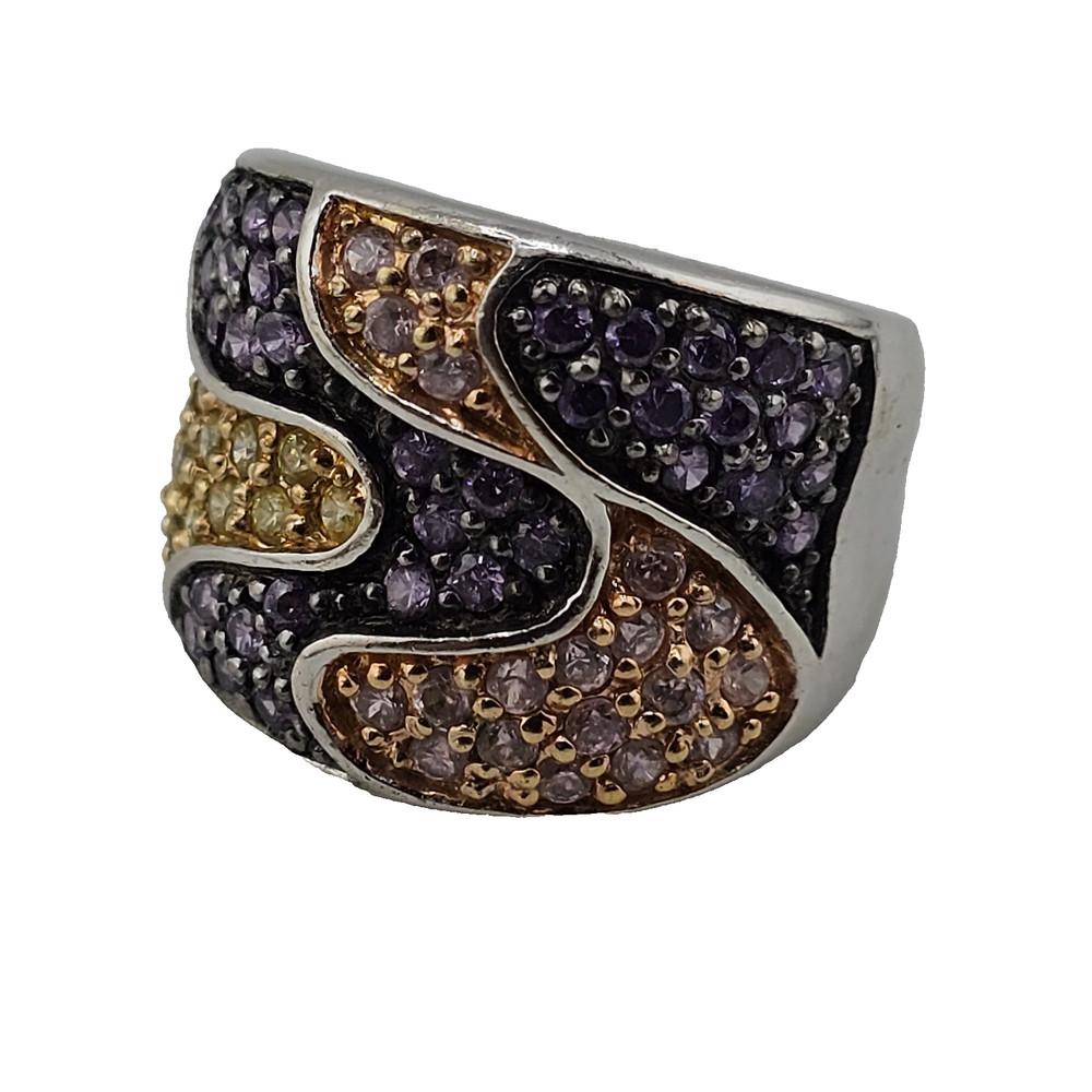 JJJ 925 Sterling Silver Two-Tone Pavé Multi-Stone Chunky Dome Ring Size 7