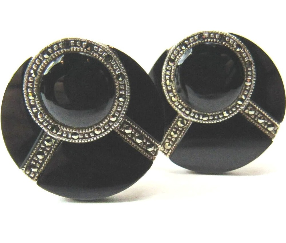 VTG STERLING SILVER Black Onyx Marcasite Stone Clip NonPierced Earrings 16.8 Grm