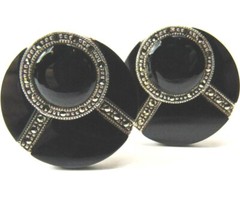VTG STERLING SILVER Black Onyx Marcasite Stone Clip NonPierced Earrings 16.8 Grm