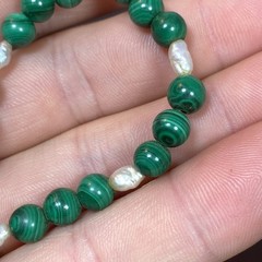 VTG Round Malachite Beads (No Clasp) Fresh Water Pearls Segment Bracelet 6-3/8”