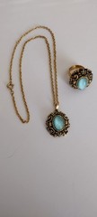 Vintage 1971 Sarah Coventry Czarina Aqua Blue Necklace Ring Set Gold Tone