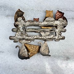 Funny Cat & Mouse Brooch Mixed Metal Cheese Weird Quirky Vintage Figural Pin