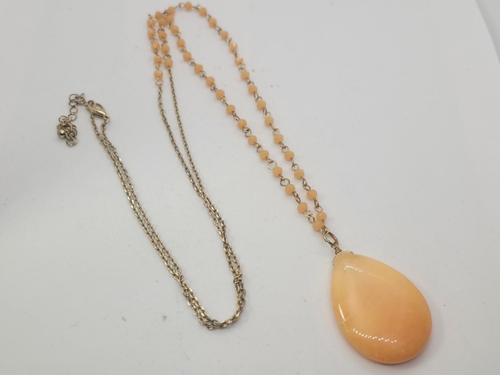 Vintage Orange Calcite Pendant Chain Beaded Necklace 32in.