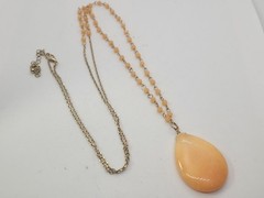 Vintage Orange Calcite Pendant Chain Beaded Necklace 32in.