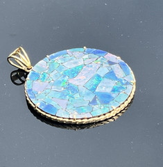 Large Vintage 14K Gold Rope Design Opal Mosaic Statement Pendant 2 5/8″ length