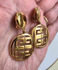 Vintage Givenchy 4G Logo Dangle Drop Clip On Earrings Gold Tone 1980s Signed
