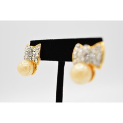 Vintage Crystal Bow Earrings Rhinestone Crystal Pearl Gold Tone 1990s 90s BinAG