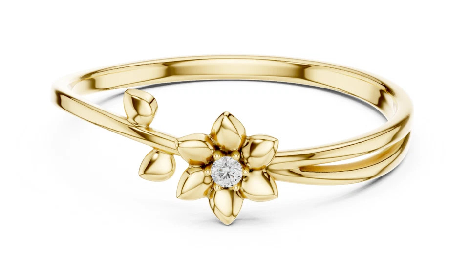 0.06CT Round Cut White Moissanite Flower & Leaf Pattern Ring 10K Yellow Gold FN