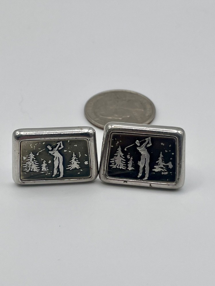 Vintage Foster Silver Tone Golf Cufflinks Golfer Sports Motif Mid Century Modern