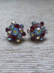 Vintage J Carl NY Original Brooch Hand Wired Red Aurora Borealis Clip Earrings