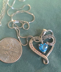 LOVE YOU MOM Sterling Silver Open Heart Blue Stone 18″ Necklace SIGNED LONG WAY