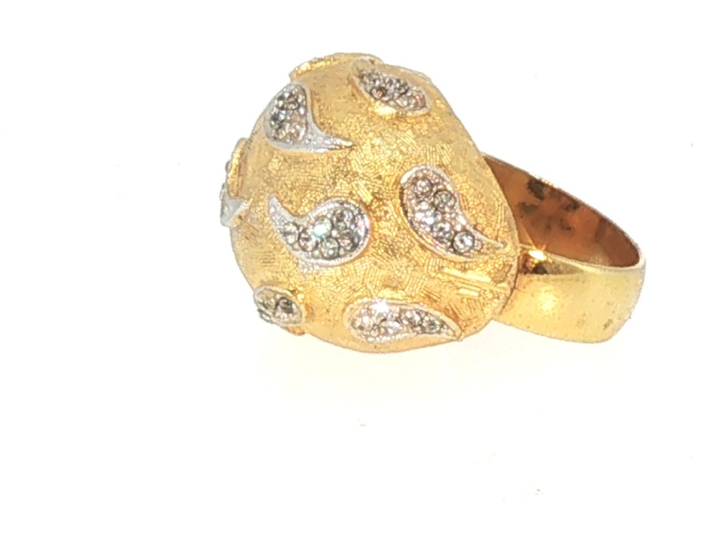 Vintage Gold Tone Dome Ring Textured Metal Teardrop Rhinestone Accents Statement