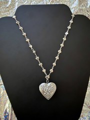 Vintage Silver Tin Rose Style Heart Locket with Tiny Hearts Link Chain 🩶