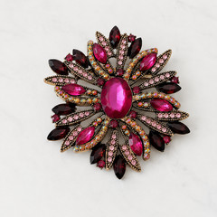 Fuchsia Burgundy Rhinestone Statement Brooch, Gold Tone Floral Starburst Pin