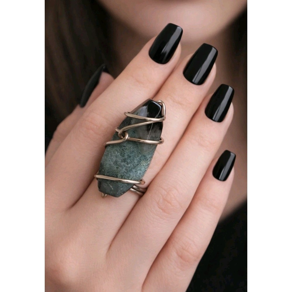 Unusual Large Stone Artisan Ring, Turquoise Black, Size 6, Statement r-1