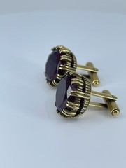 Red Glass cufflinks Faceted round prong set open gold tone 1-1/8″