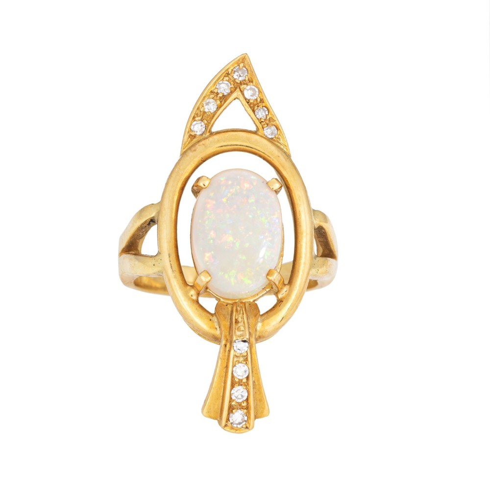 70s Opal Diamond Abstract Ring Sz 5 Vintage 18k Gold Cocktail Fine Jewelry