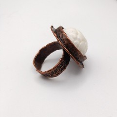 Adjustable Brutilist Style Copper Plated Ring w Vintage Opalescent Carved Stone