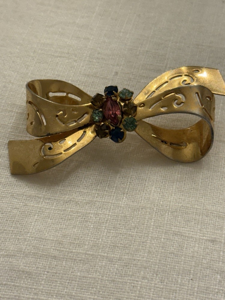 Vintage Coro Signed Script Bow Brooch Pin Gold Tone 1940s 1950s Rhinestone 2.25”